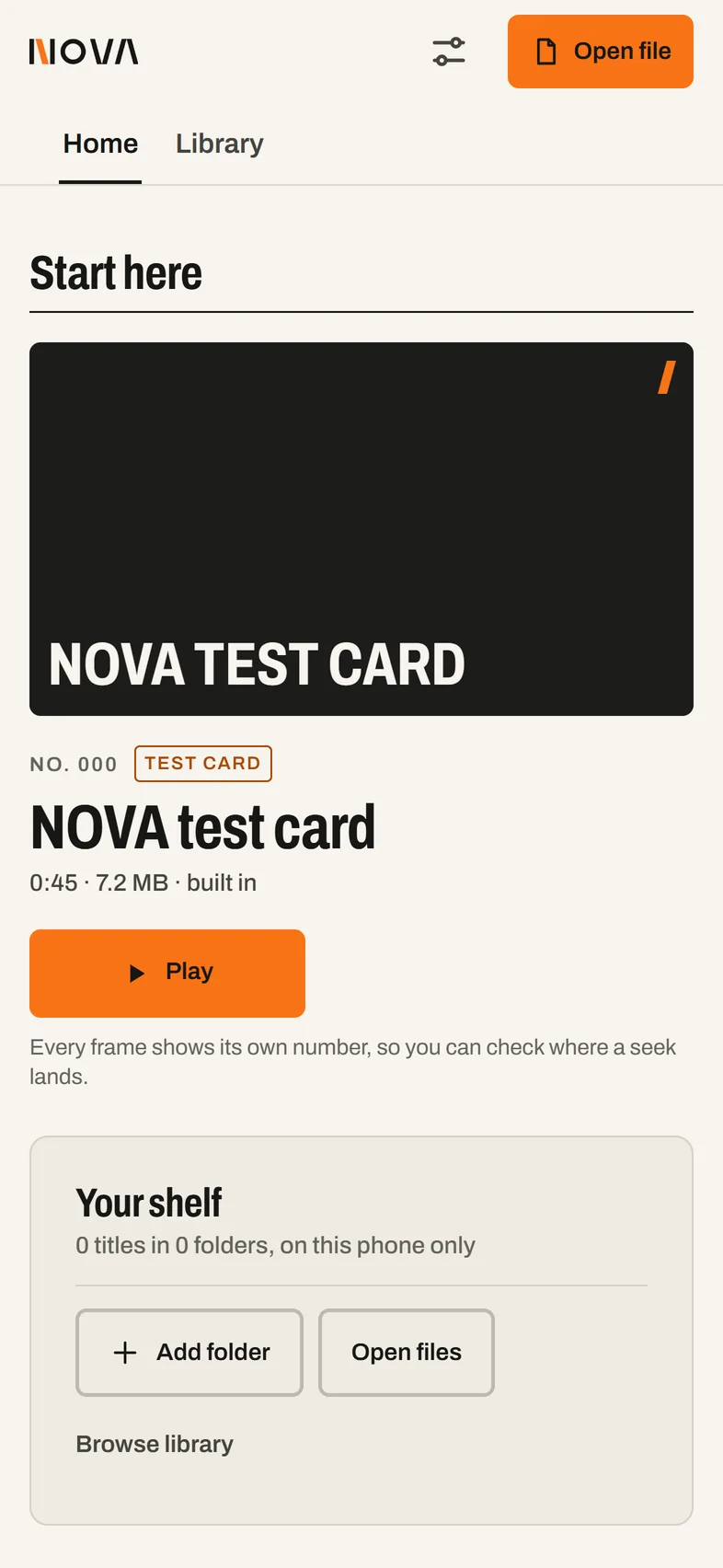 NOVA for Android's Home on a phone: the NOVA wordmark, Home and Library tabs, the NOVA test card under Start here with a Play button, and Your shelf with Add folder and Open files.