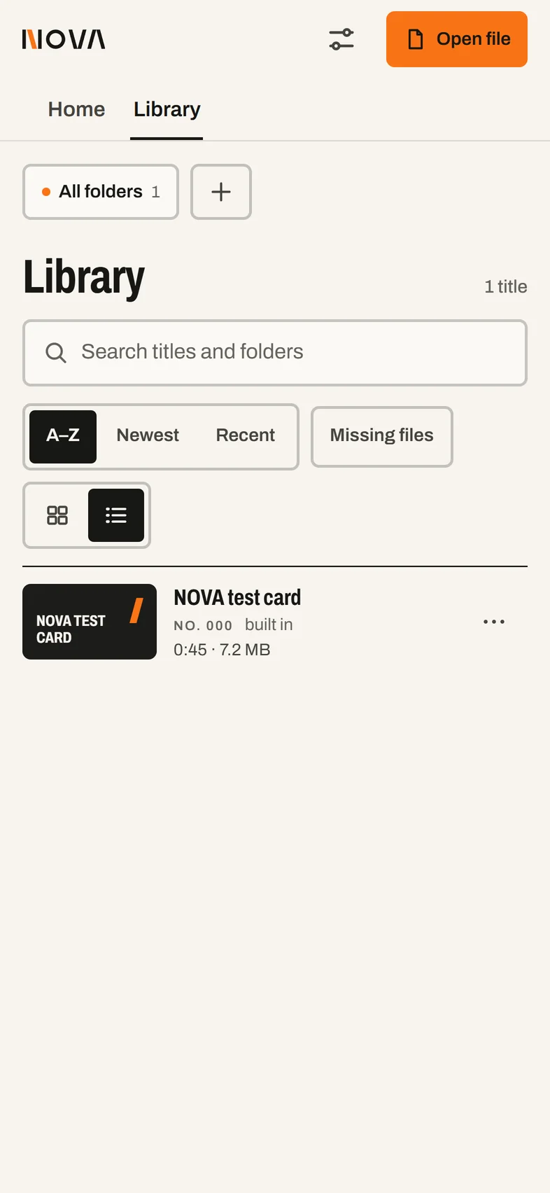 NOVA for Android's Library: folder chips, a search field, A–Z, Newest and Recent sorting, a missing-files filter, grid and list switches, and the test card as a list row.