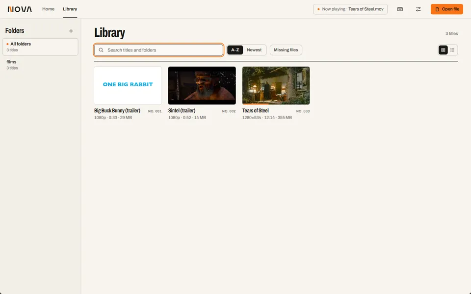 The library as a grid of three titles with thumbnails, catalogue numbers and spec lines, under a search field and sort controls.