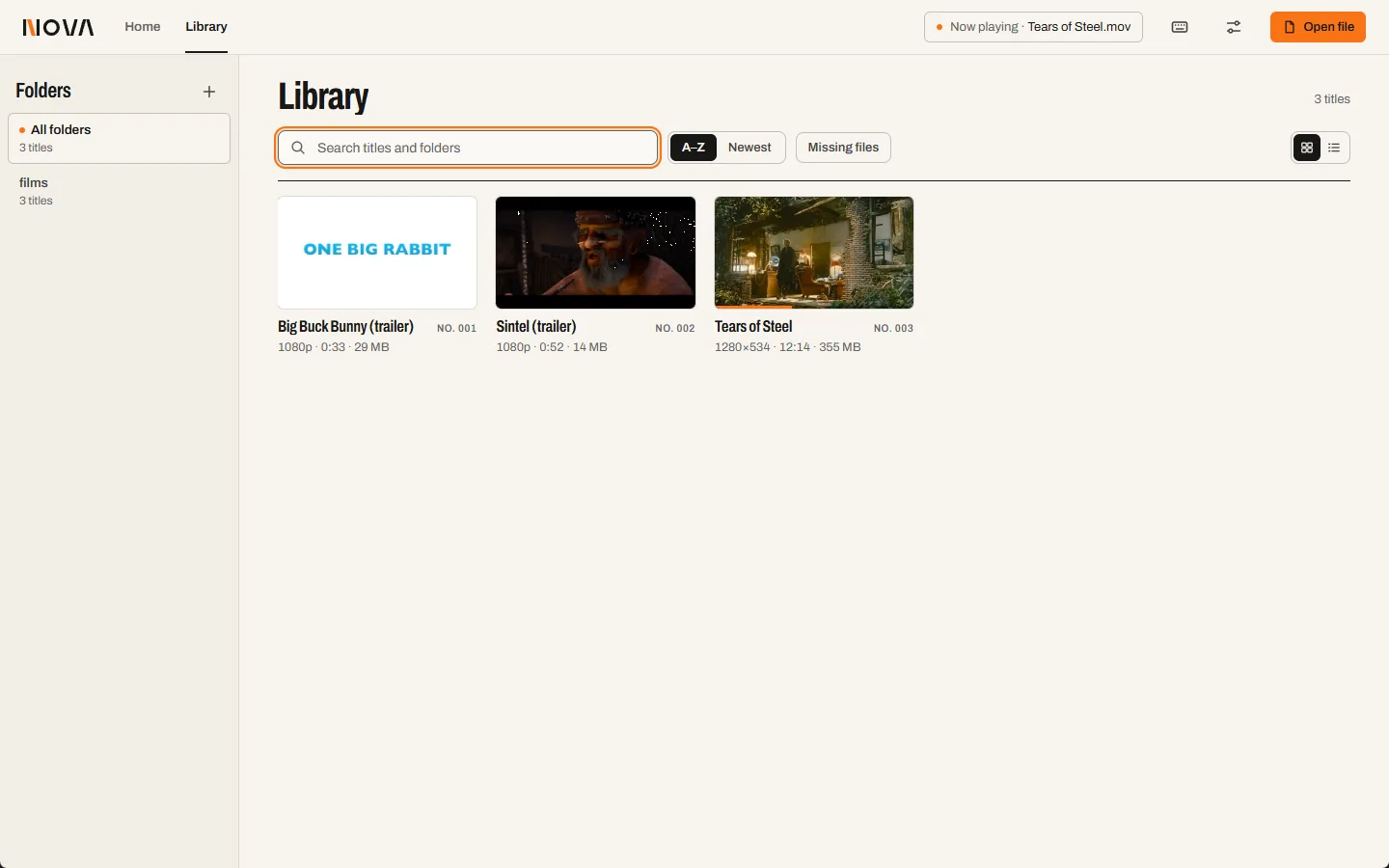 The library as a grid of three titles with thumbnails, catalogue numbers and spec lines, under a search field and sort controls.