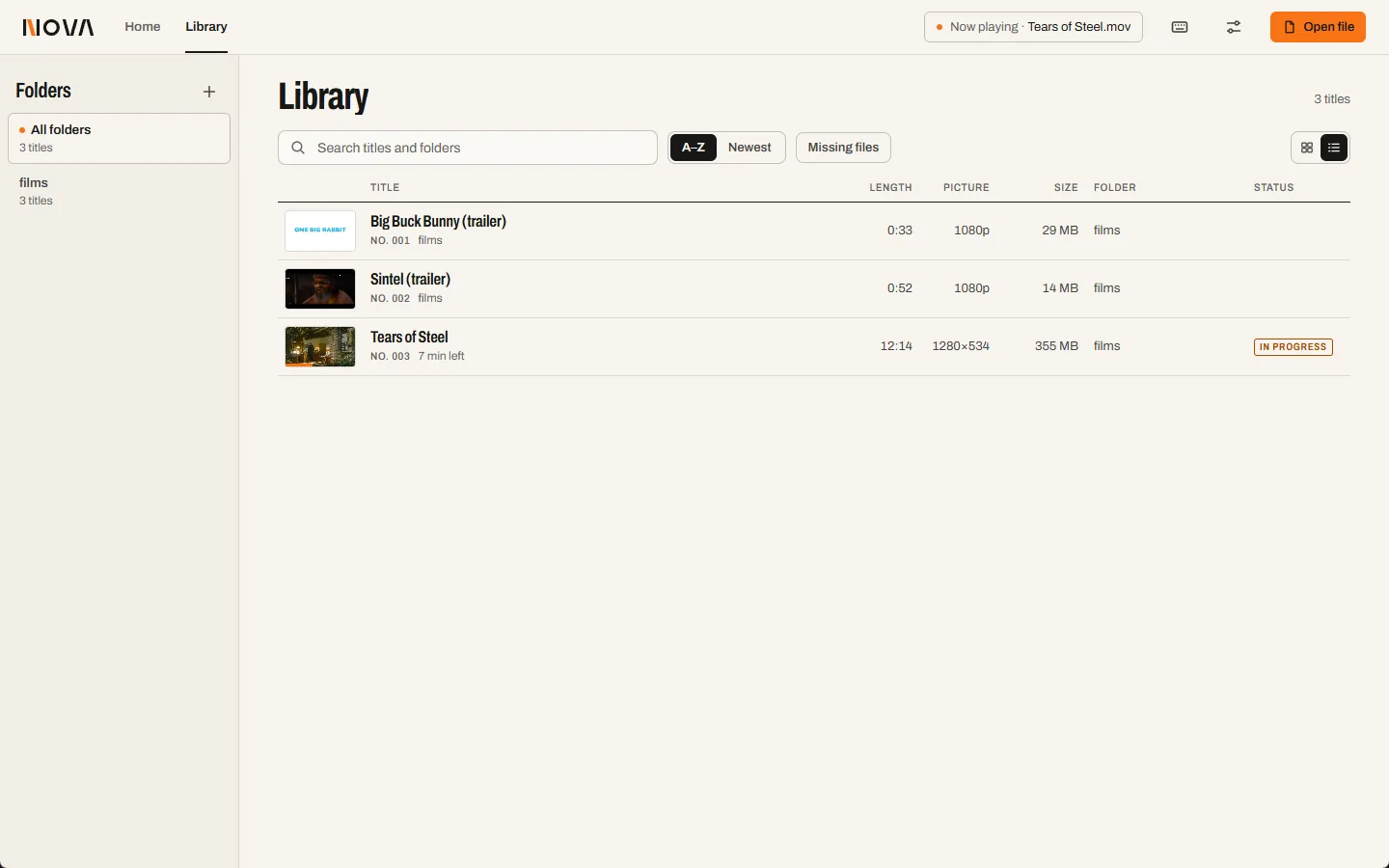 The library as a list with columns for length, picture, size, folder and status; Tears of Steel is marked In progress.