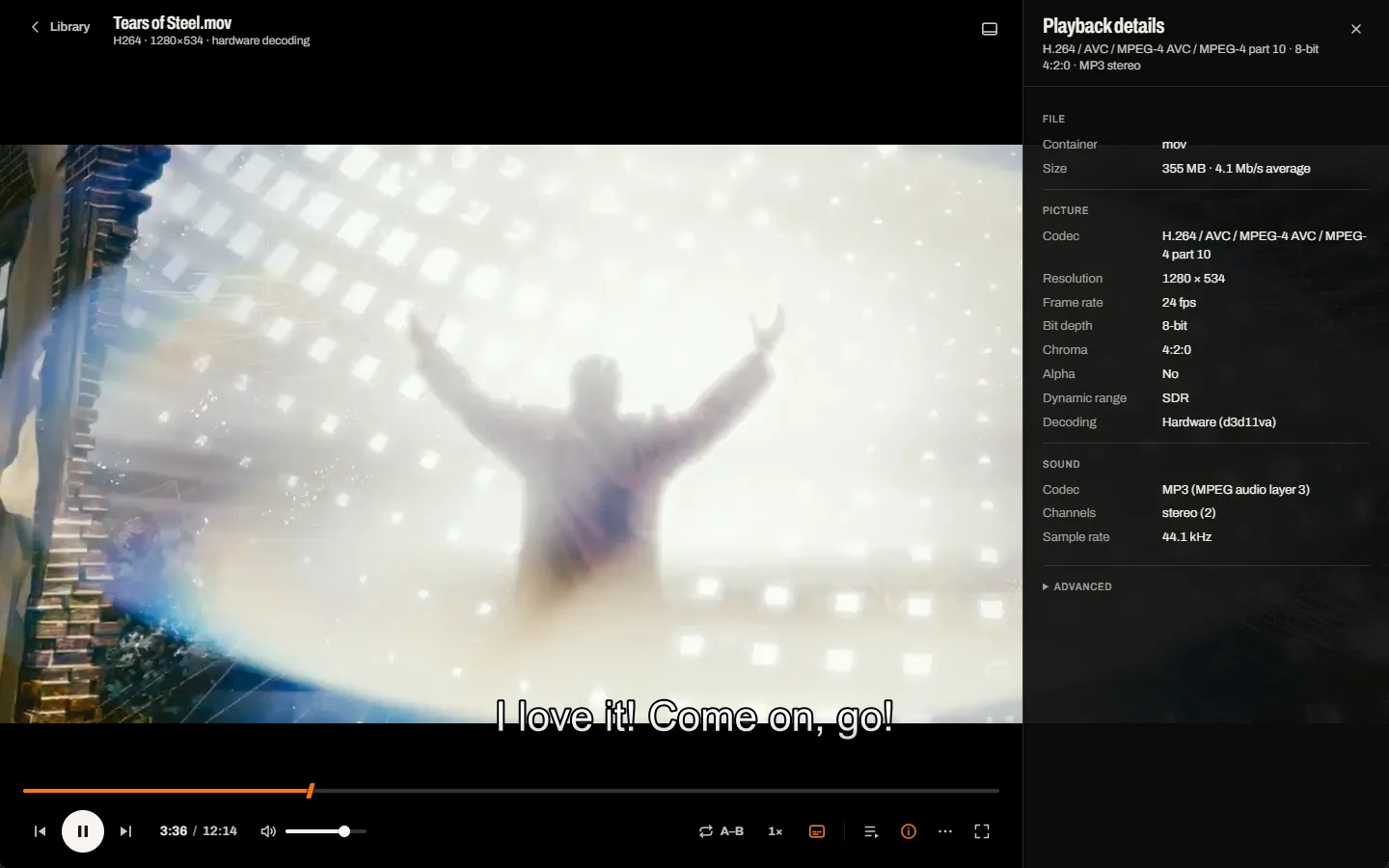 The playback details panel beside the picture, listing container, codec, resolution, frame rate, bit depth, chroma, alpha, dynamic range, decoder and sound.