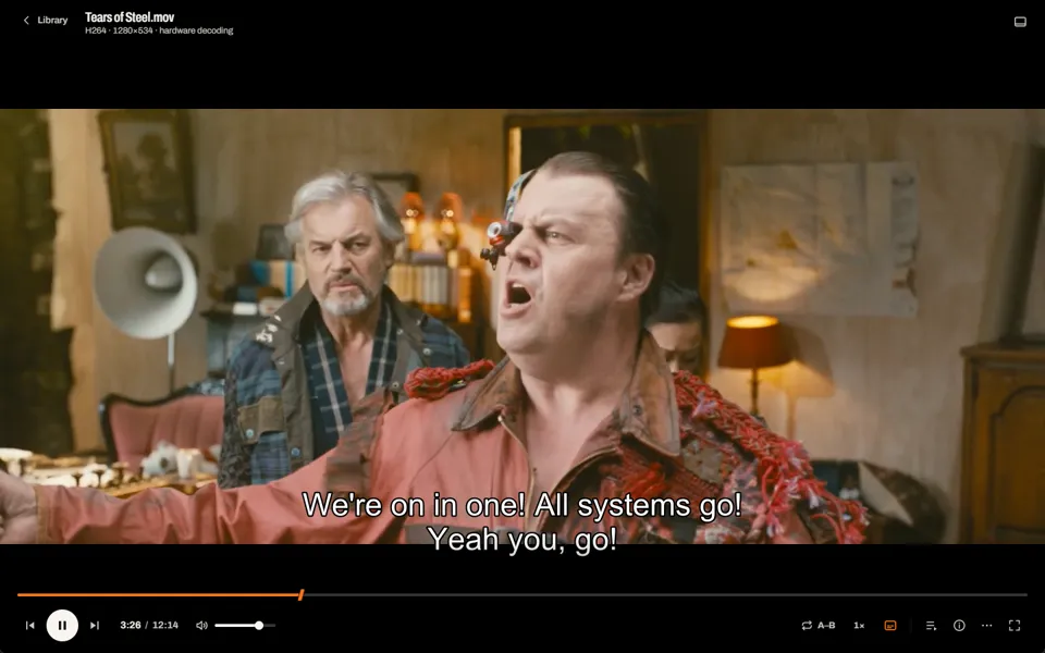 NOVA's player showing Tears of Steel with subtitles, the ember playhead a quarter of the way along the timeline, and the control deck below.