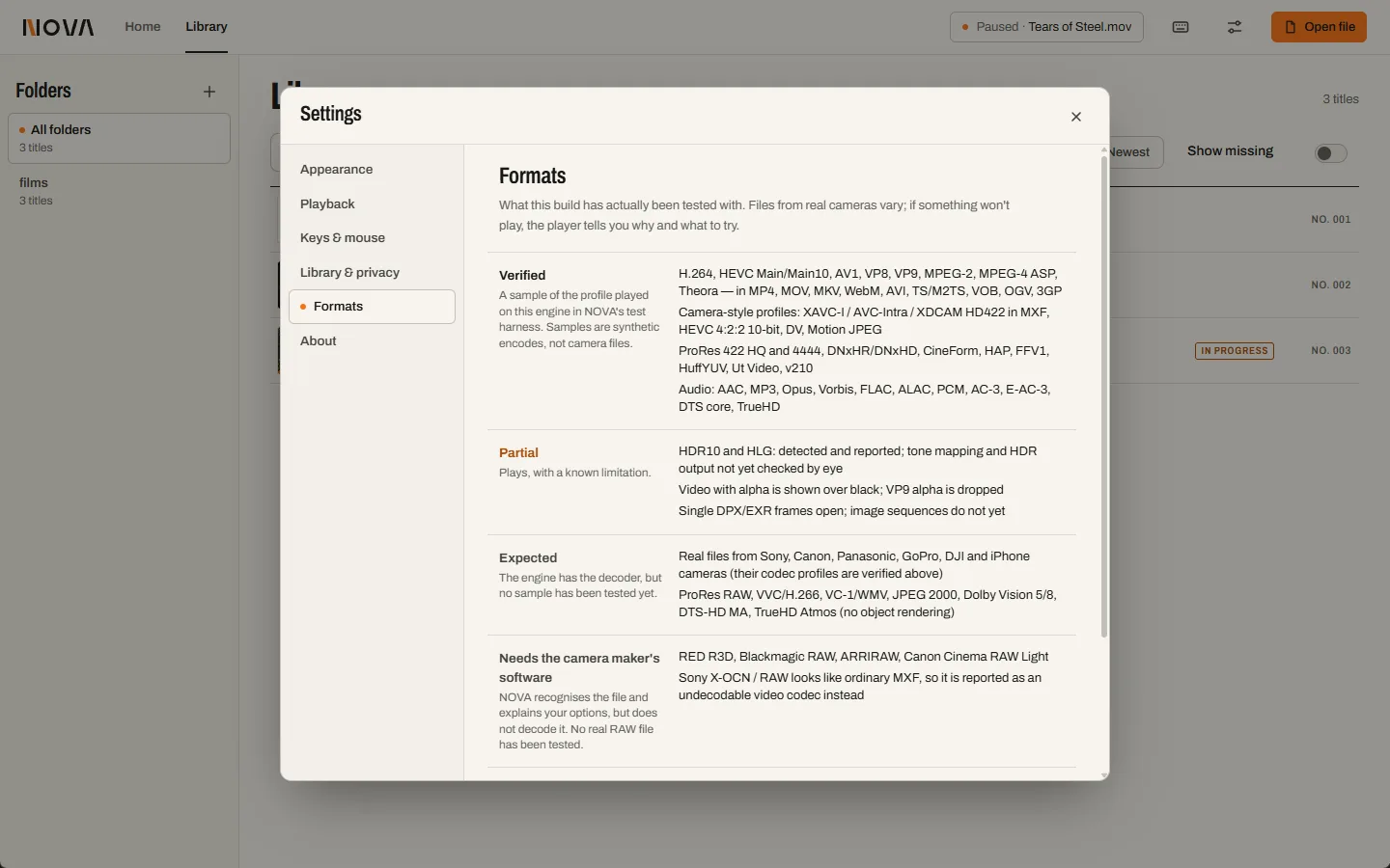 Settings, Formats: Verified, Partial, Expected and Needs the camera maker's software, each with a plain explanation and examples.