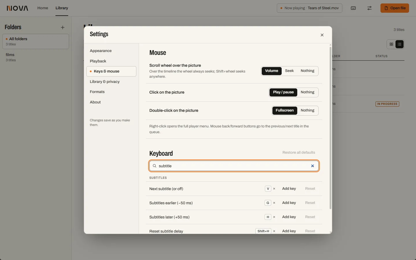 Settings, Keys and mouse: mouse options above a keyboard section filtered by the word subtitle.